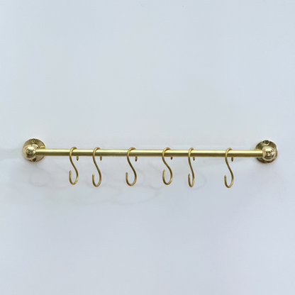 Unlacquered Brass Hanging Pot Rack, Kitchen Hook Rail, Wall Mount Rail with hooks