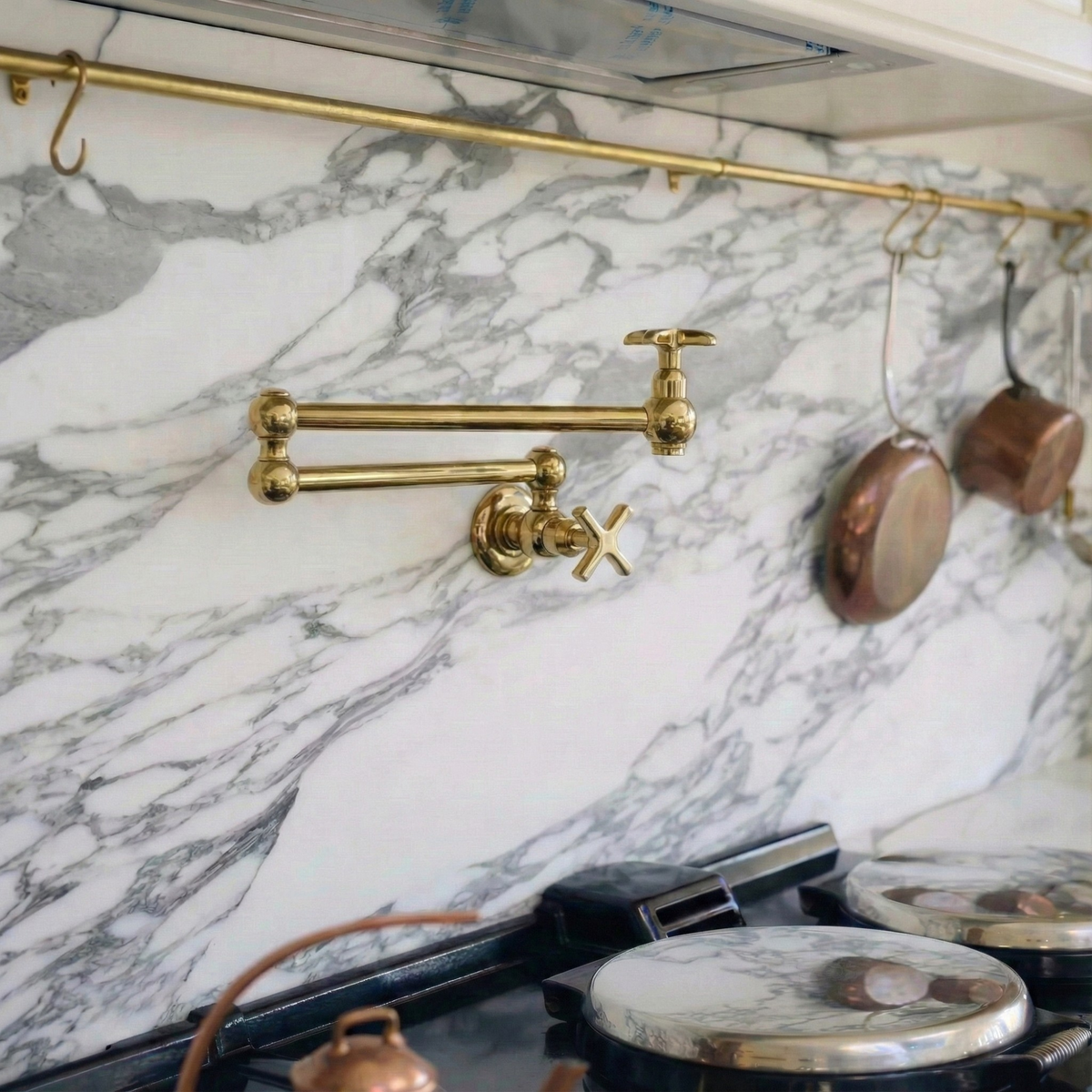 Unlacquered Brass Wall-Mount Pot Filler with Cross Handles