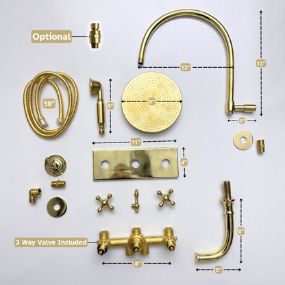 Unlacquered Brass Adjustable Flat Round Rain Shower System with Handheld & Tub Filler — Arcuate arm (UBCSS-014)