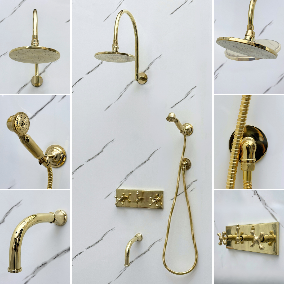 Unlacquered Brass Adjustable Flat Round Rain Shower System with Handheld & Tub Filler — Arcuate arm (UBCSS-014)