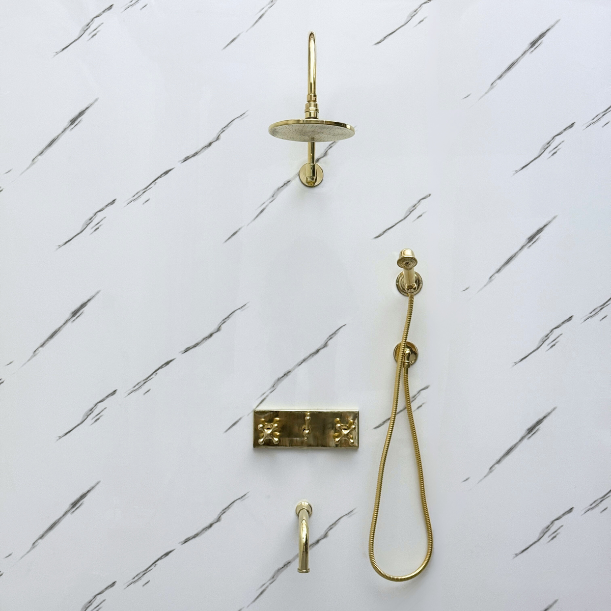 Unlacquered Brass Adjustable Flat Round Rain Shower System with Handheld & Tub Filler — Arcuate arm (UBCSS-014)