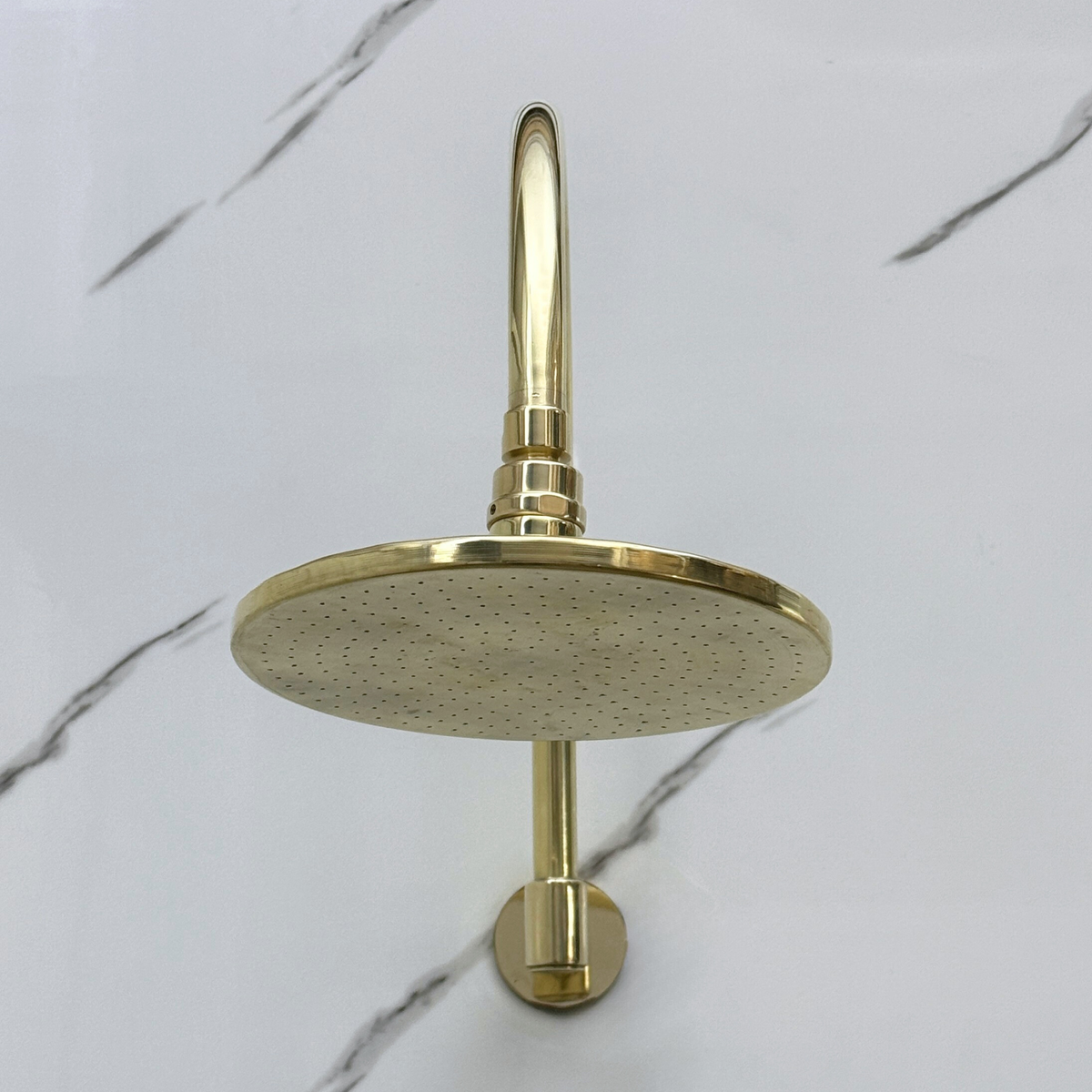 Unlacquered Brass Adjustable Flat Round Rain Shower System with Handheld & Tub Filler — Arcuate arm (UBCSS-014)