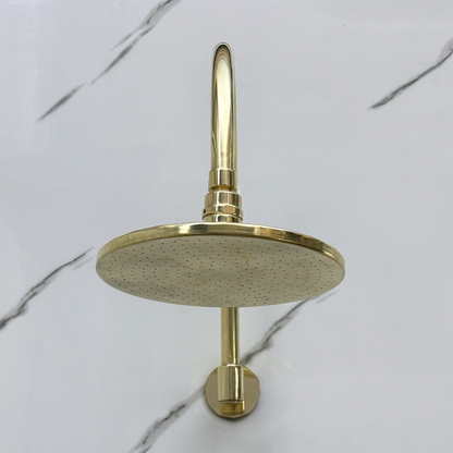Unlacquered Brass Adjustable Flat Round Rain Shower System with Handheld & Tub Filler — Arcuate arm (UBCSS-014)