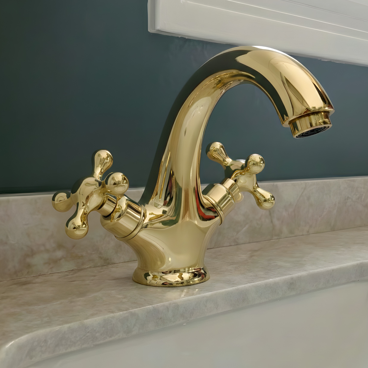 Unlacquered Brass Single Hole Bathroom Faucet with Cross Handles, Push-Up Drain & P-trap