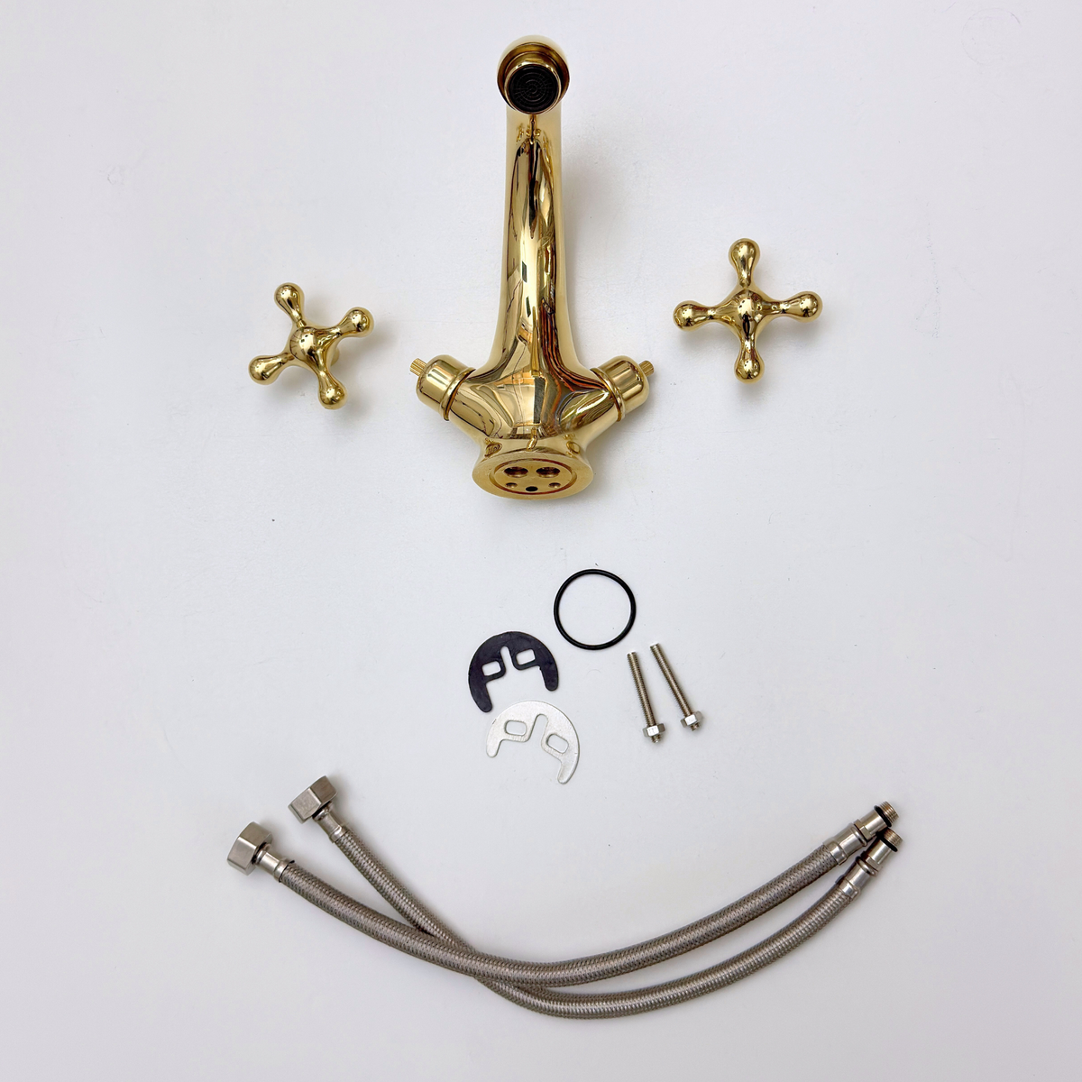 Unlacquered Brass Single Hole Bathroom Faucet with Cross Handles, Push-Up Drain & P-trap