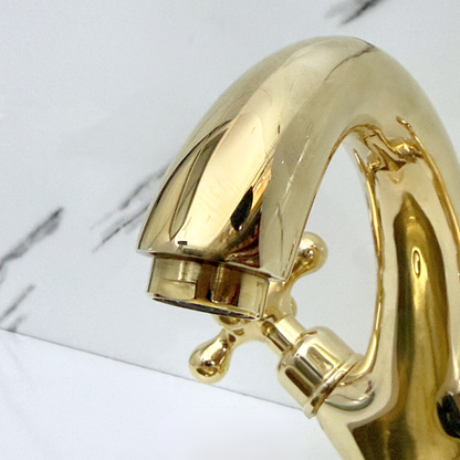 Unlacquered Brass Single Hole Bathroom Faucet with Cross Handles, Push-Up Drain & P-trap