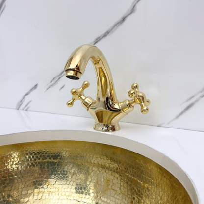 Unlacquered Brass Single Hole Bathroom Faucet with Cross Handles, Push-Up Drain & P-trap