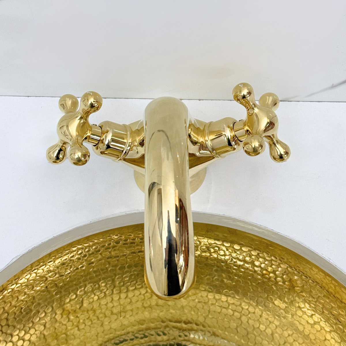 Unlacquered Brass Single Hole Bathroom Faucet with Cross Handles, Push-Up Drain & P-trap