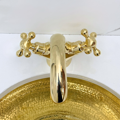 Unlacquered Brass Single Hole Bathroom Faucet with Cross Handles, Push-Up Drain & P-trap