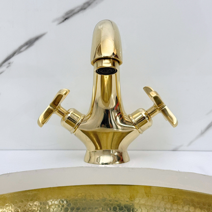 Unlacquered Brass Single Hole Bathroom Faucet with Cross Handles, Push-Up Drain & P-trap