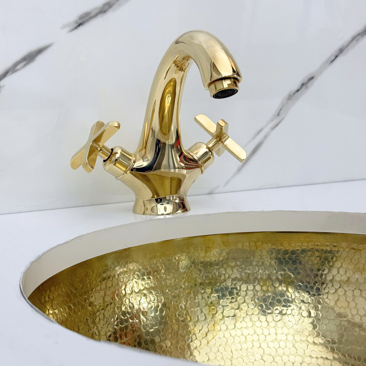 Unlacquered Brass Single Hole Bathroom Faucet with Cross Handles, Push-Up Drain & P-trap