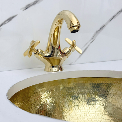 Unlacquered Brass Single Hole Bathroom Faucet with Cross Handles, Push-Up Drain & P-trap