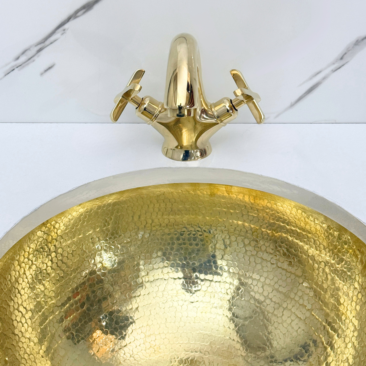 Unlacquered Brass Single Hole Bathroom Faucet with Cross Handles, Push-Up Drain & P-trap