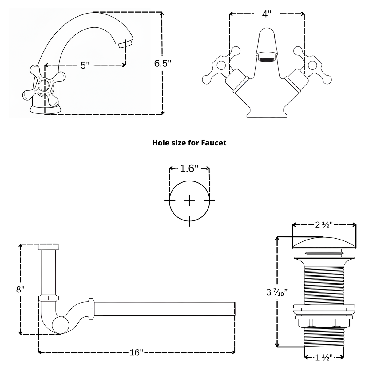 Unlacquered Brass Single Hole Bathroom Faucet with Cross Handles, Push-Up Drain & P-trap