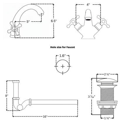 Unlacquered Brass Single Hole Bathroom Faucet with Cross Handles, Push-Up Drain & P-trap