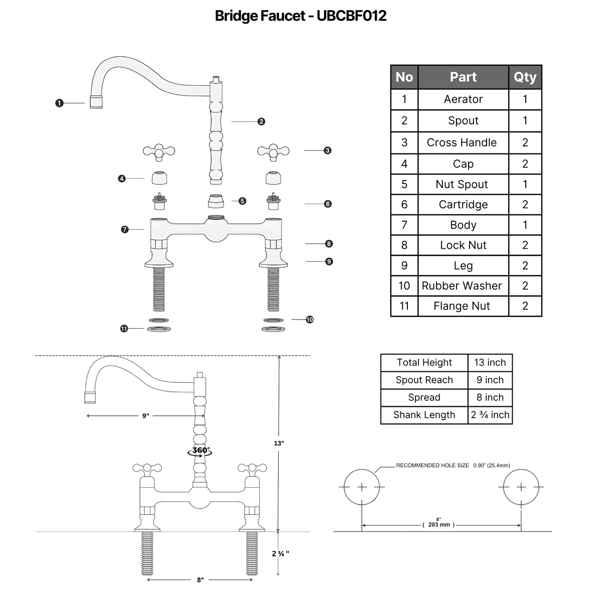 Unlacquered Brass Bridge Faucet with Cross Handles