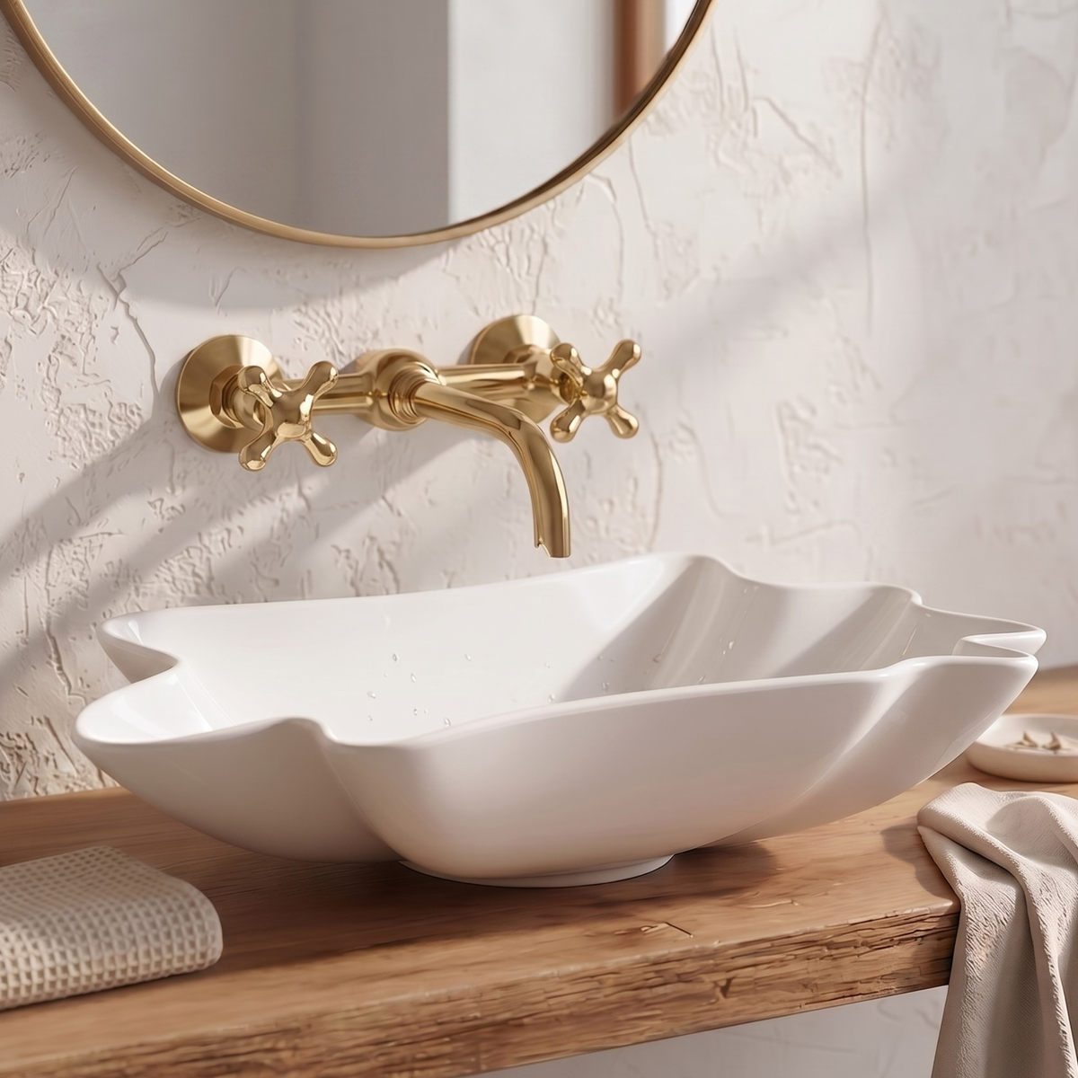 Unlacquered Brass Wall-Mount Bathroom Faucet with Cross handles