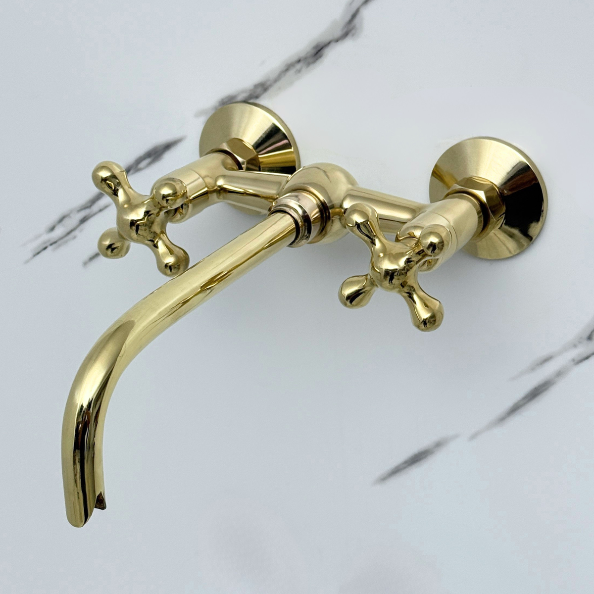 Unlacquered Brass Wall-Mount Bathroom Faucet with Cross handles