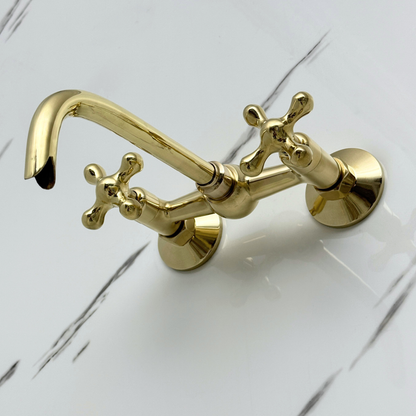 Unlacquered Brass Wall-Mount Bathroom Faucet with Cross handles