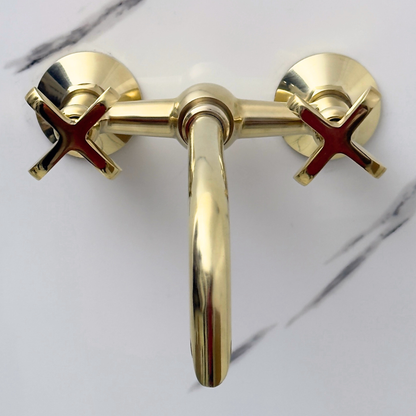Unlacquered Brass Wall-Mount Bathroom Faucet with Cross handles