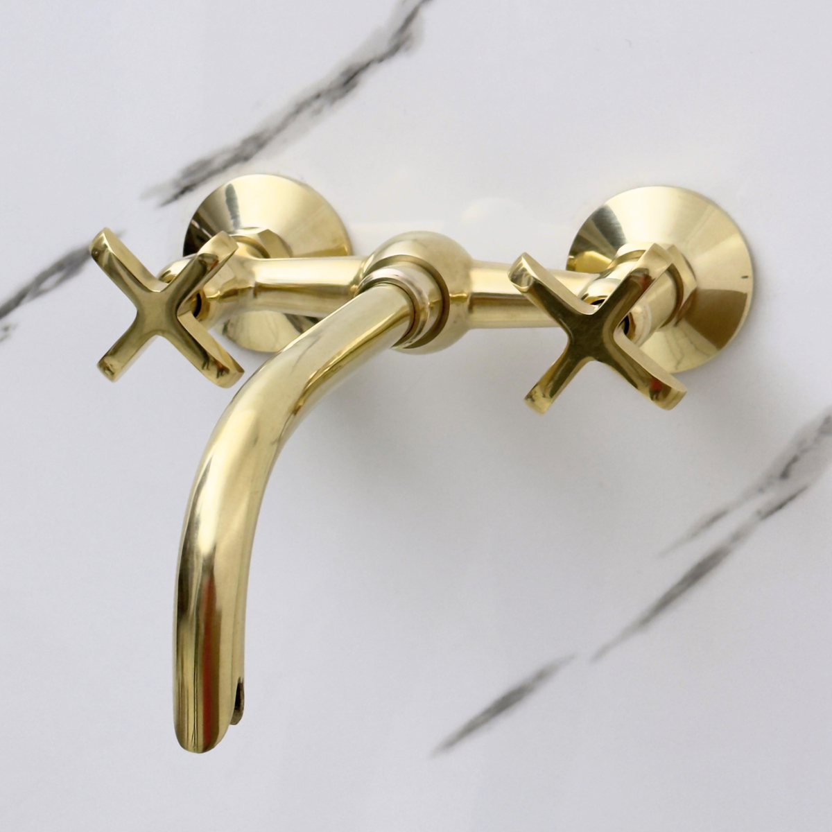 Unlacquered Brass Wall-Mount Bathroom Faucet with Cross handles