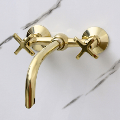 Unlacquered Brass Wall-Mount Bathroom Faucet with Cross handles