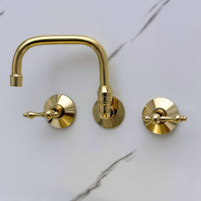 Unlacquered Brass Wall-Mount Bathroom Faucet with Lever handles