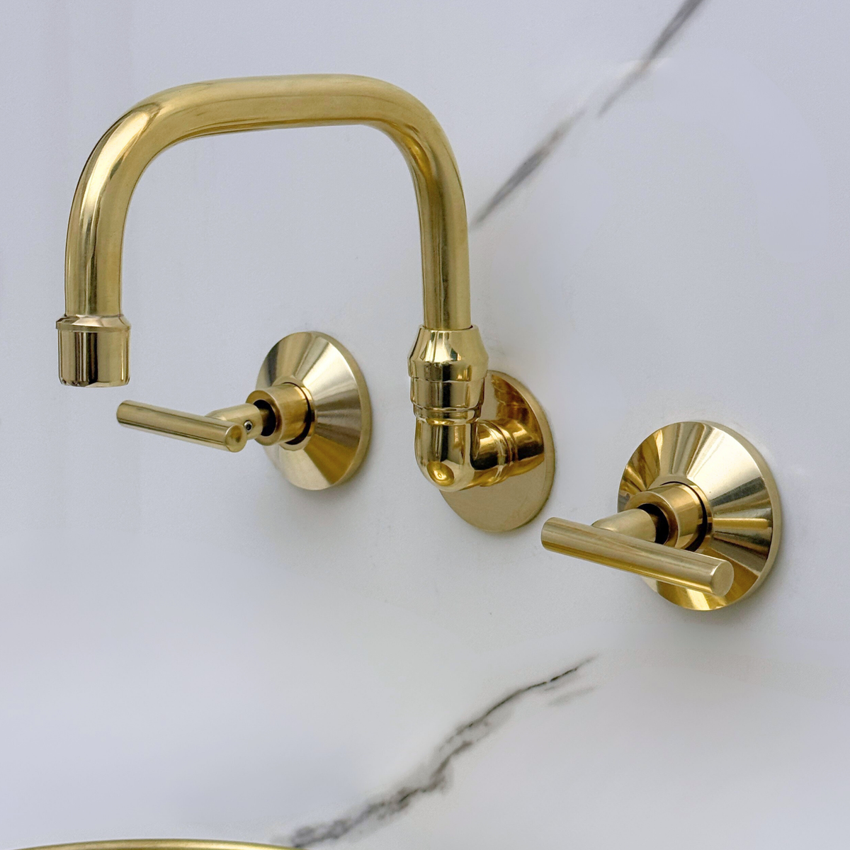 Unlacquered Brass Wall-Mount Bathroom Faucet with Lever handles