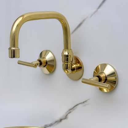 Unlacquered Brass Wall-Mount Bathroom Faucet with Lever handles