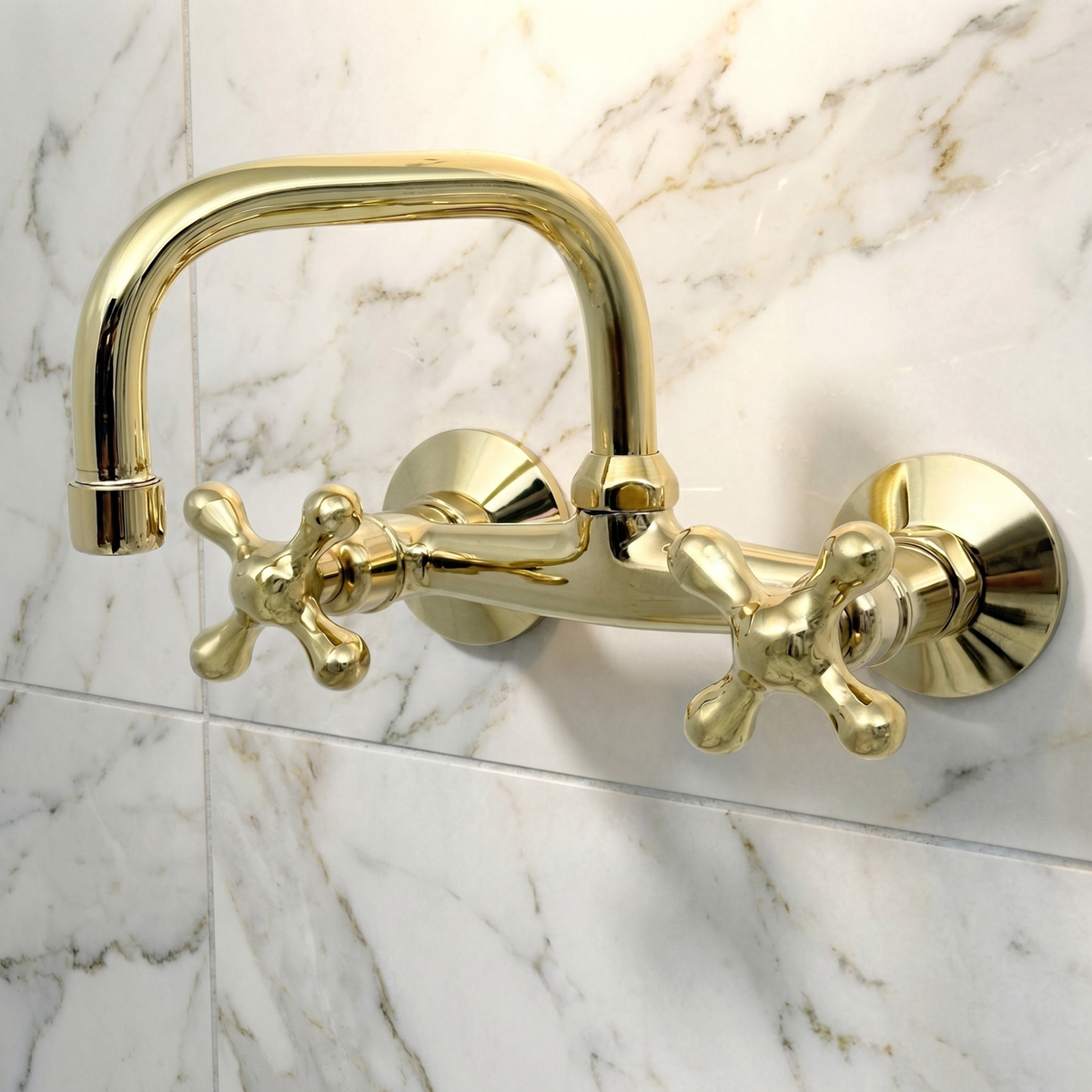 Unlacquered Brass Wall-Mount Bathroom Faucet with Cross handles