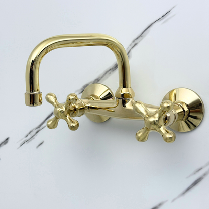 Unlacquered Brass Wall-Mount Bathroom Faucet with Cross handles