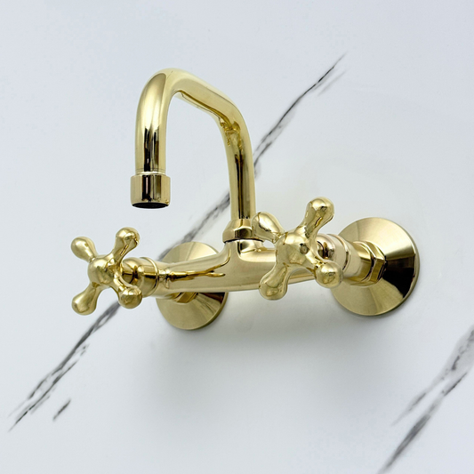 Unlacquered Brass Wall-Mount Bathroom Faucet with Cross handles