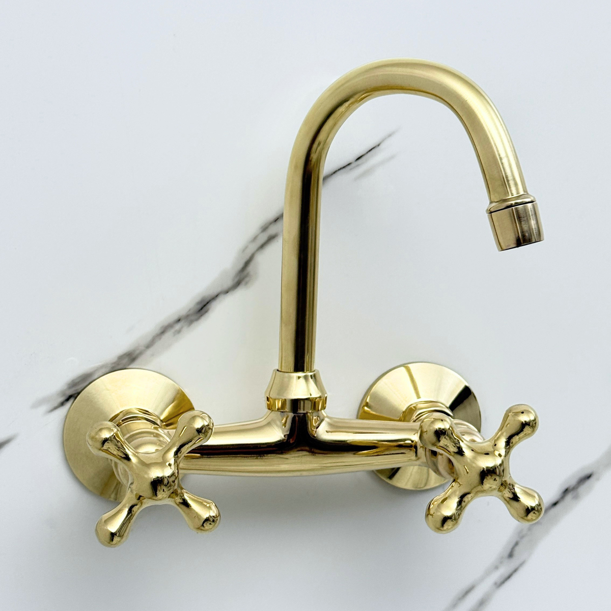 Unlacquered Brass Wall-Mount Bathroom Faucet with Cross handles