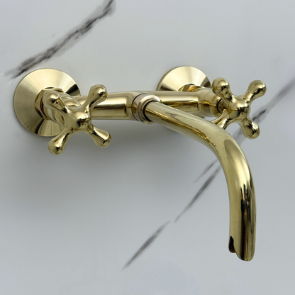 Unlacquered Brass Wall-Mount Bathroom Faucet with Cross handles