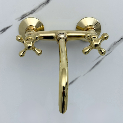 Unlacquered Brass Wall-Mount Bathroom Faucet with Cross handles