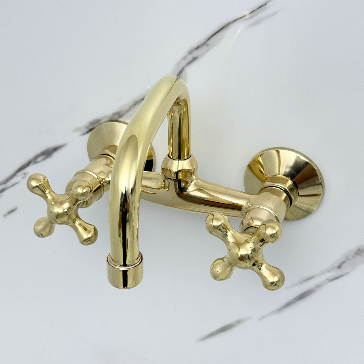 Unlacquered Brass Wall-Mount Bathroom Faucet with Cross handles