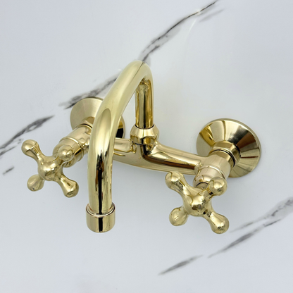 Unlacquered Brass Wall-Mount Bathroom Faucet with Cross handles