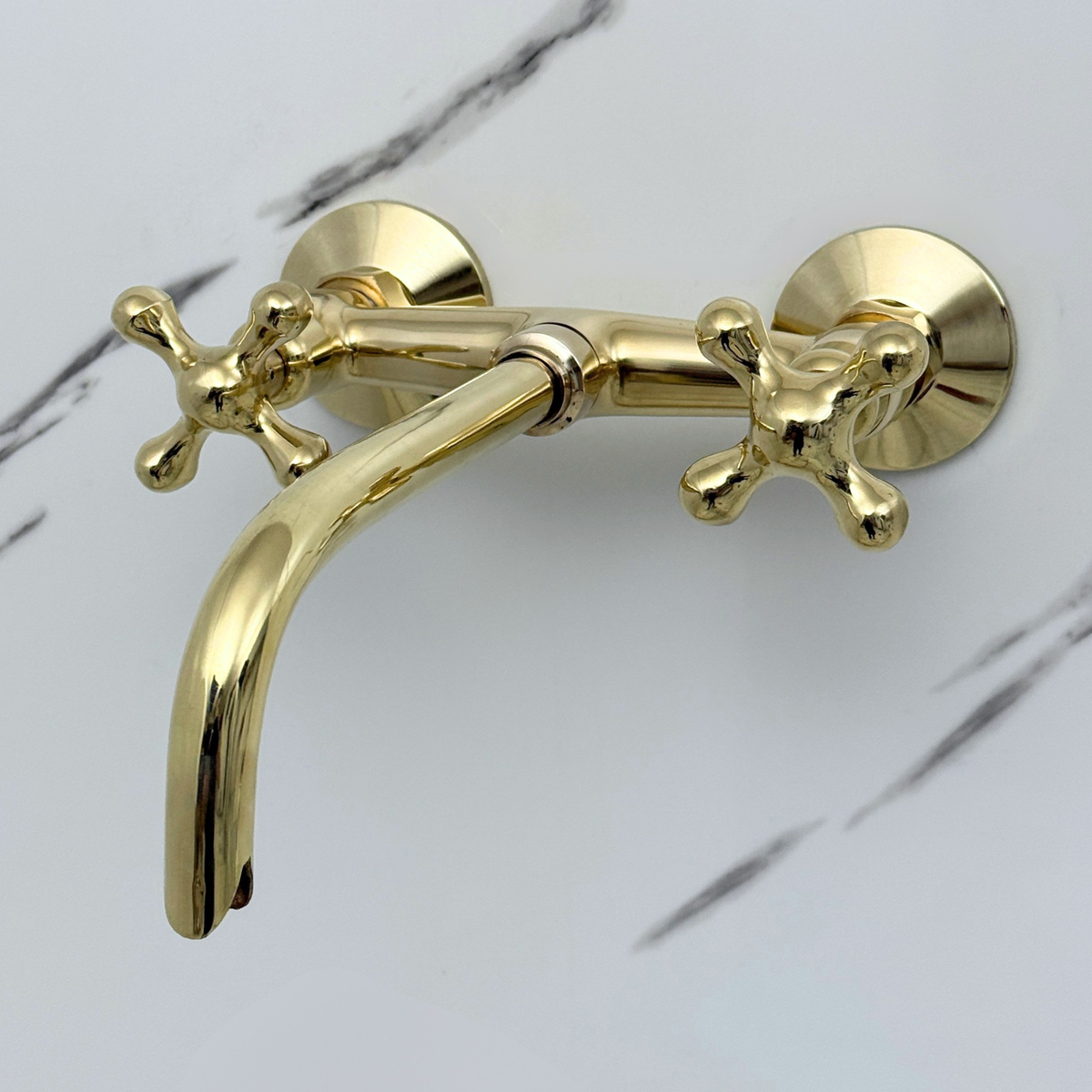 Unlacquered Brass Wall-Mount Bathroom Faucet with Cross handles