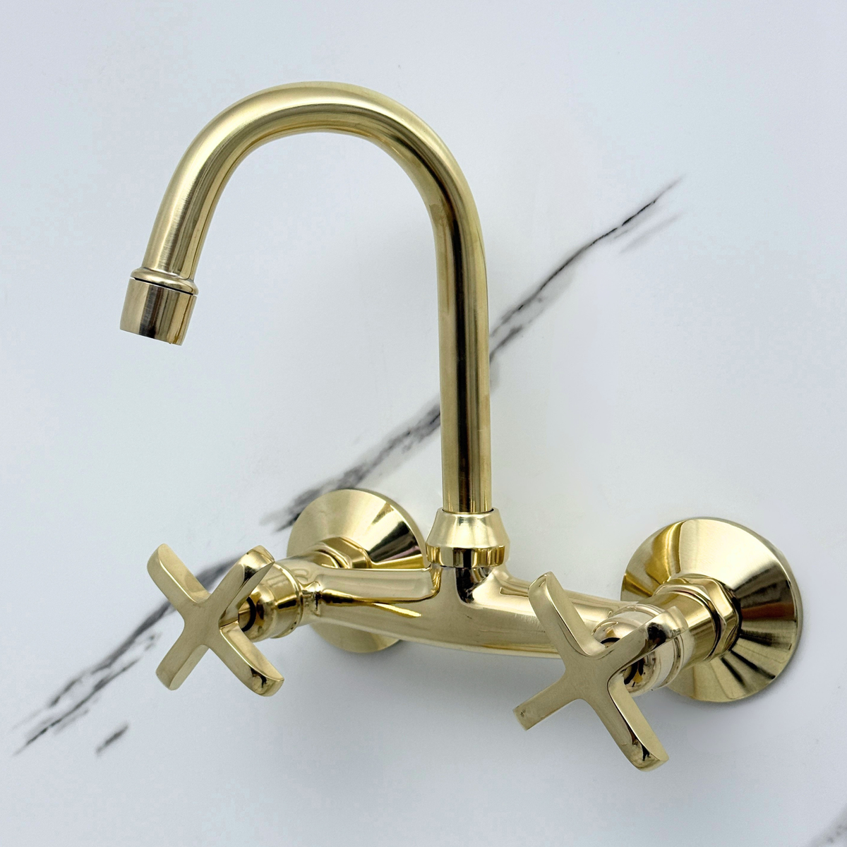 Unlacquered Brass Wall-Mount Bathroom Faucet with Cross handles