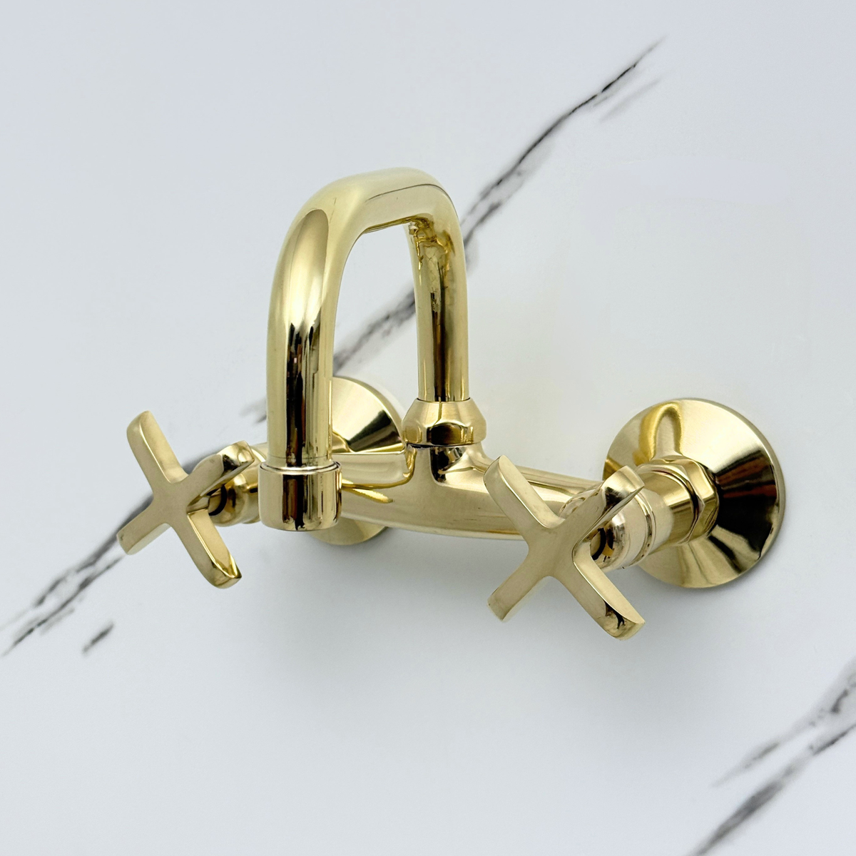 Unlacquered Brass Wall-Mount Bathroom Faucet with Cross handles