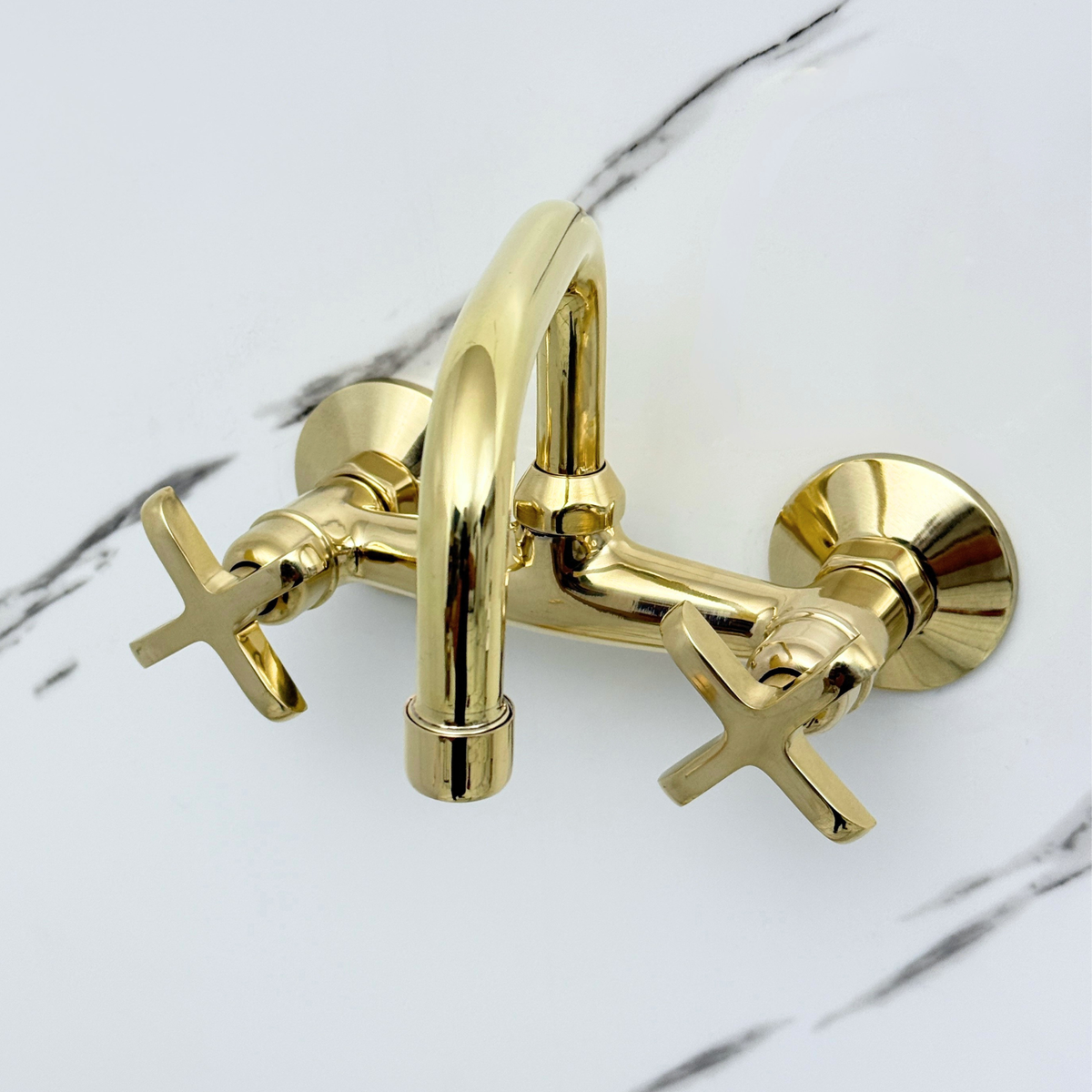 Unlacquered Brass Wall-Mount Bathroom Faucet with Cross handles