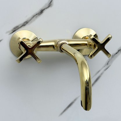 Unlacquered Brass Wall-Mount Bathroom Faucet with Cross handles