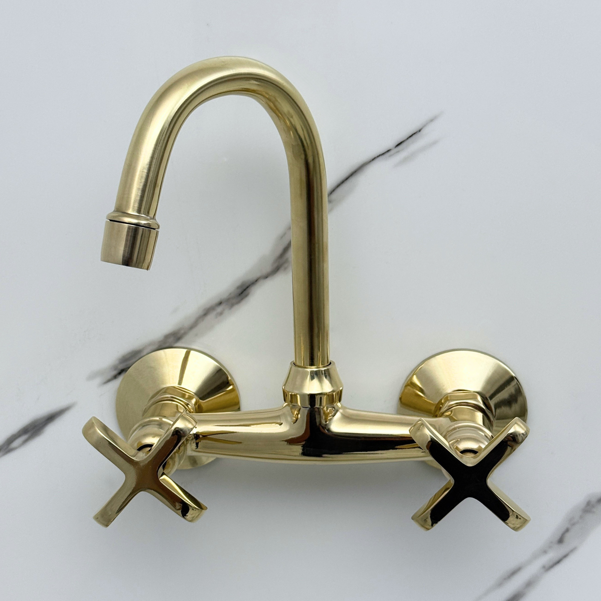 Unlacquered Brass Wall-Mount Bathroom Faucet with Cross handles