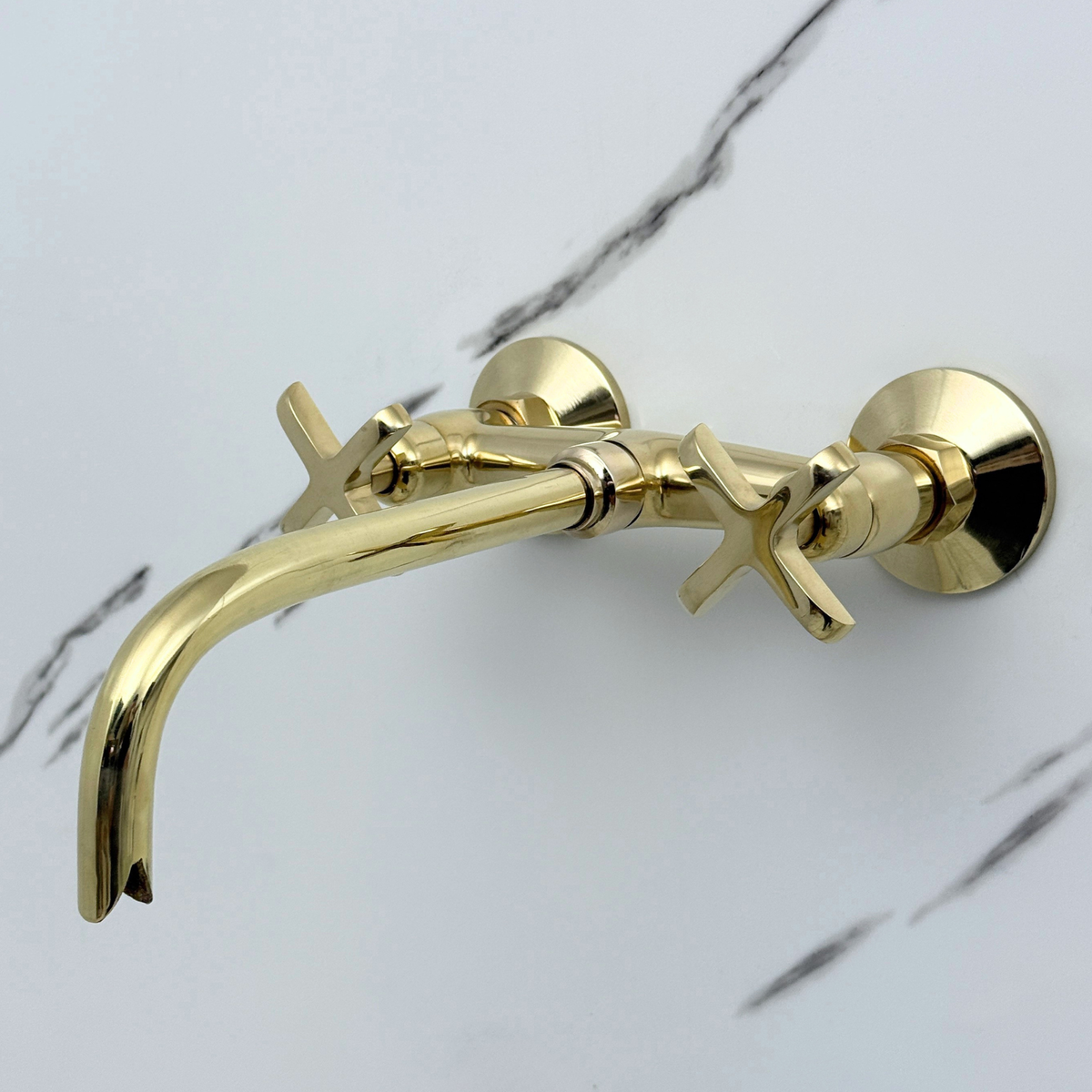 Unlacquered Brass Wall-Mount Bathroom Faucet with Cross handles