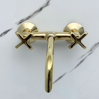 Unlacquered Brass Wall-Mount Bathroom Faucet with Cross handles