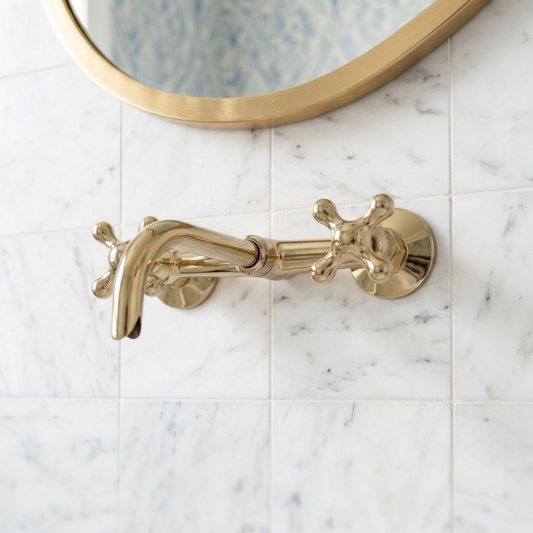 Unlacquered Brass Wall-Mount Bathroom Faucet with Cross handles