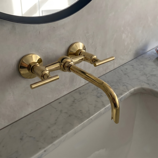 Unlacquered Brass Wall-Mount Bathroom Faucet with Lever handles
