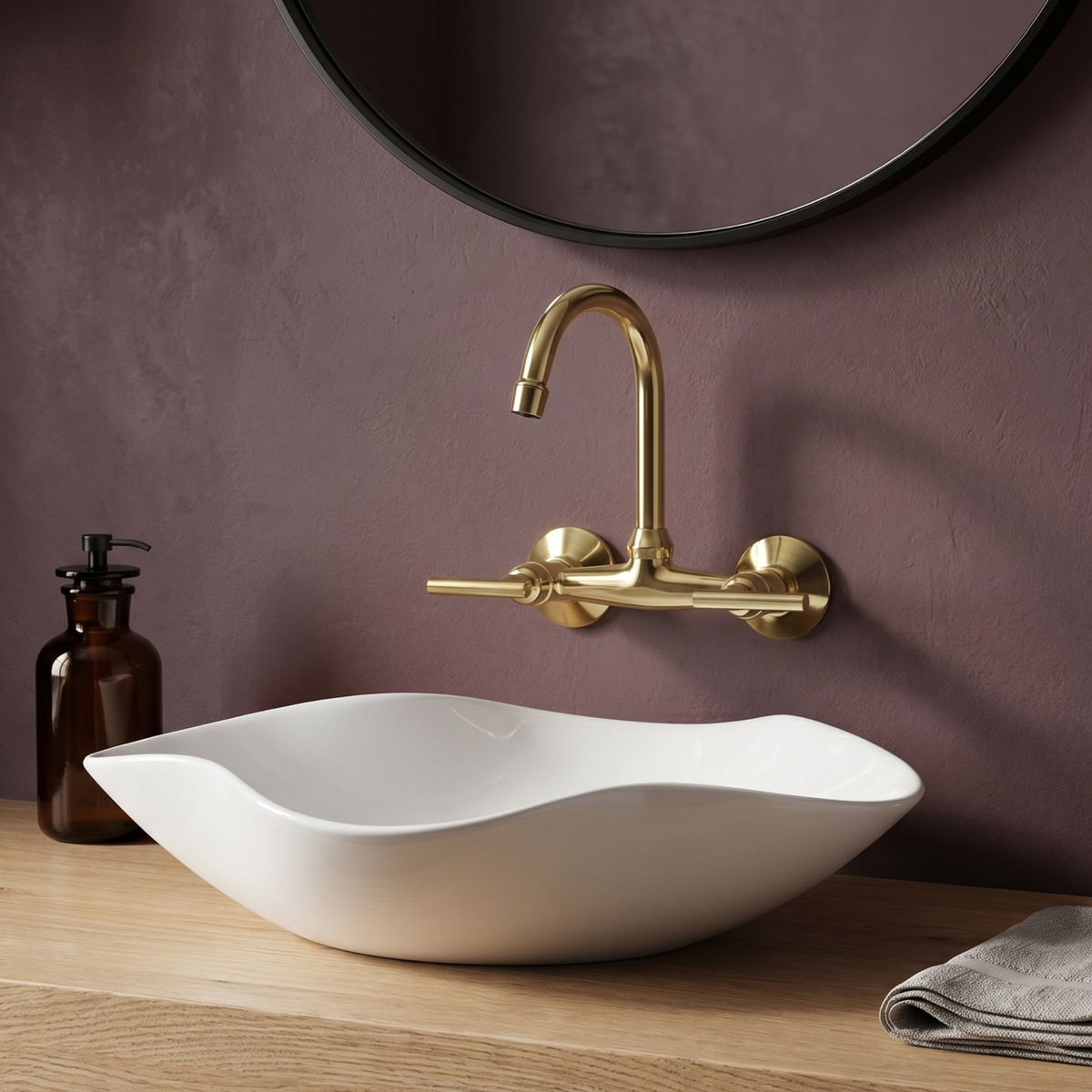 Unlacquered 6.5-Inch Gooseneck Brass Wall Faucet, 6-Inch Spread – Lever Handles