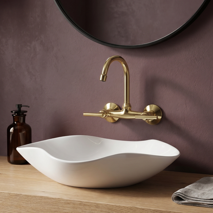 Unlacquered 6.5-Inch Gooseneck Brass Wall Faucet, 6-Inch Spread – Lever Handles