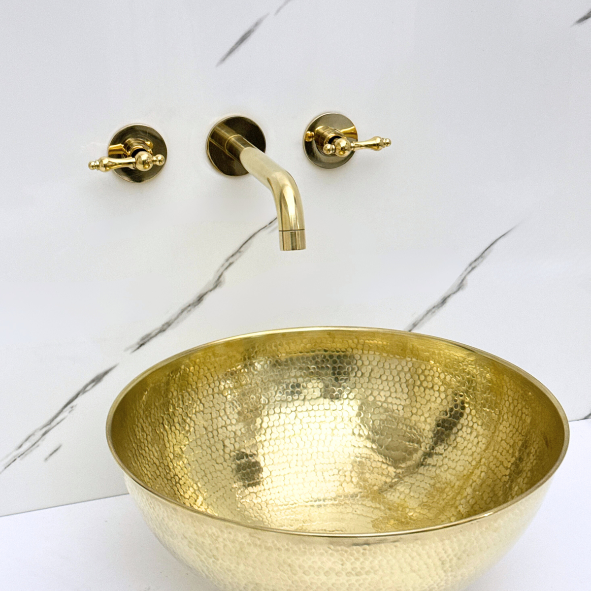 Unlacquered Brass Wall-Mount Faucet with Lever handles, Push-Up Drain & P-trap